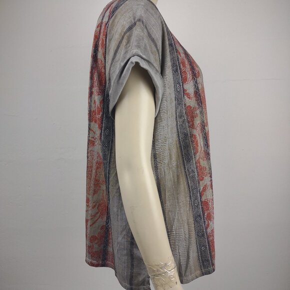 Peruvian Connection gray black orange damask striped short sleeve shirt Medium - Picture 3 of 7